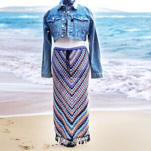 Granny Square colorful Floral Fringe Striped Skirt M\L